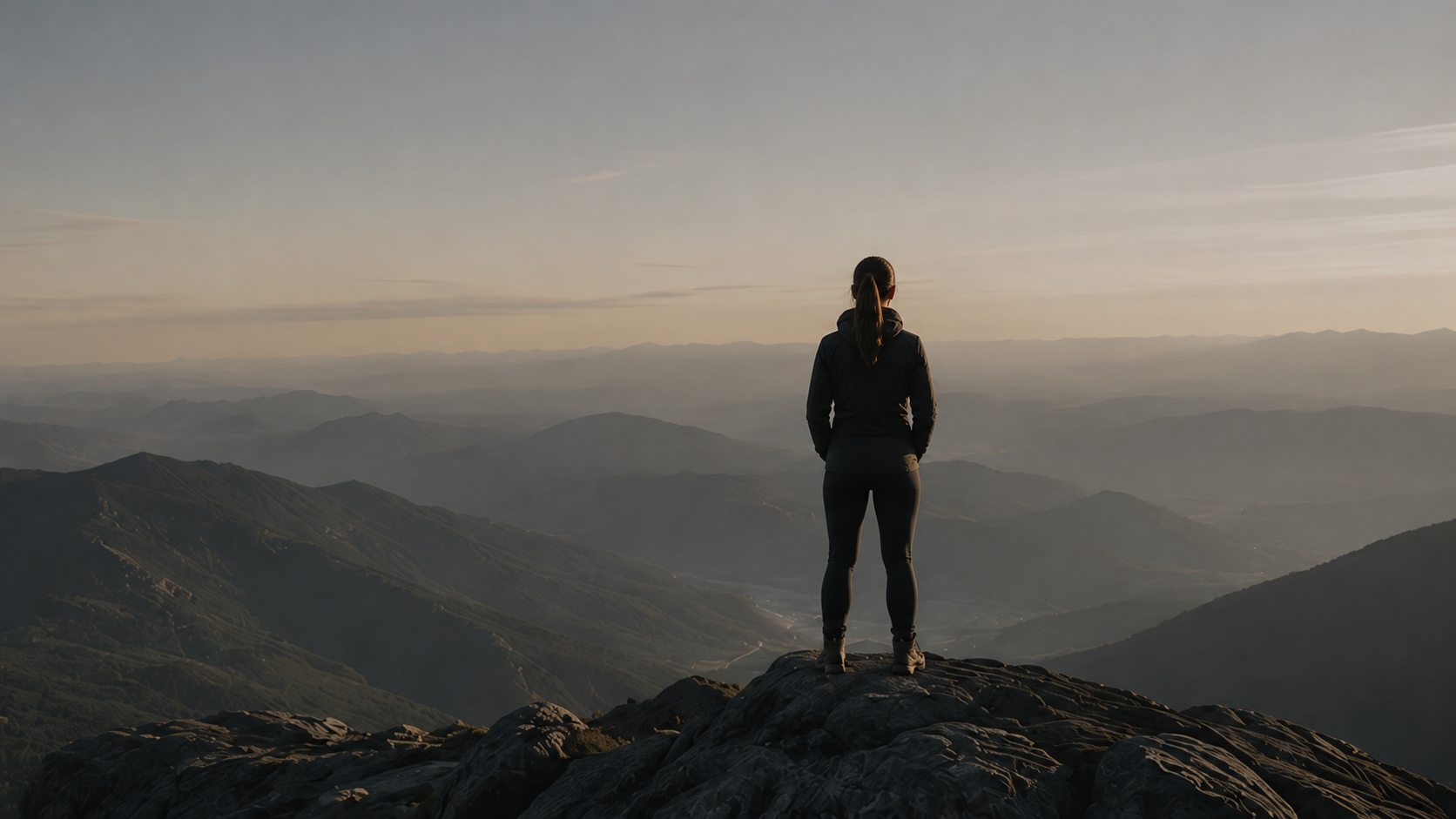A person looking across a wide mountain landscape